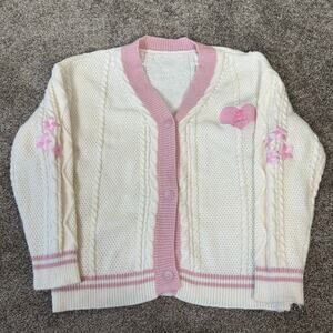 Ur My Lover Cardigan Chunky Cable Knit Three Button Cardigan Pink Hearts Medium